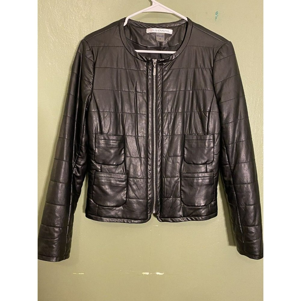 Peter NYGARD Wms Sz 8 Black Full Zip Faux Leather Quilted Jacket 4 Front Pockets